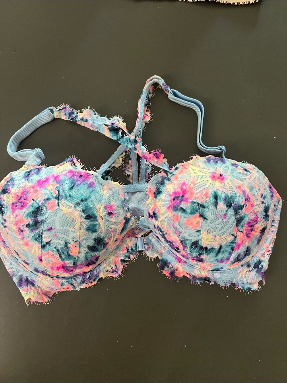Victoria's Secret Blue Tie-Dye Lace Balconette Bra with Pink Accents